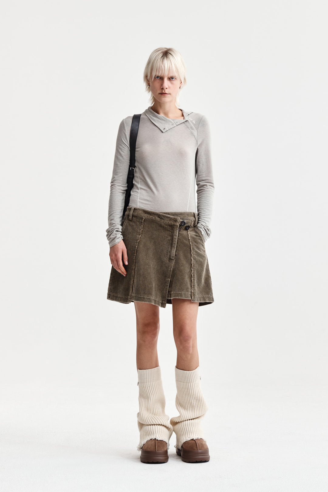 Matin Kim Button Slit Half Neck Top — Beige