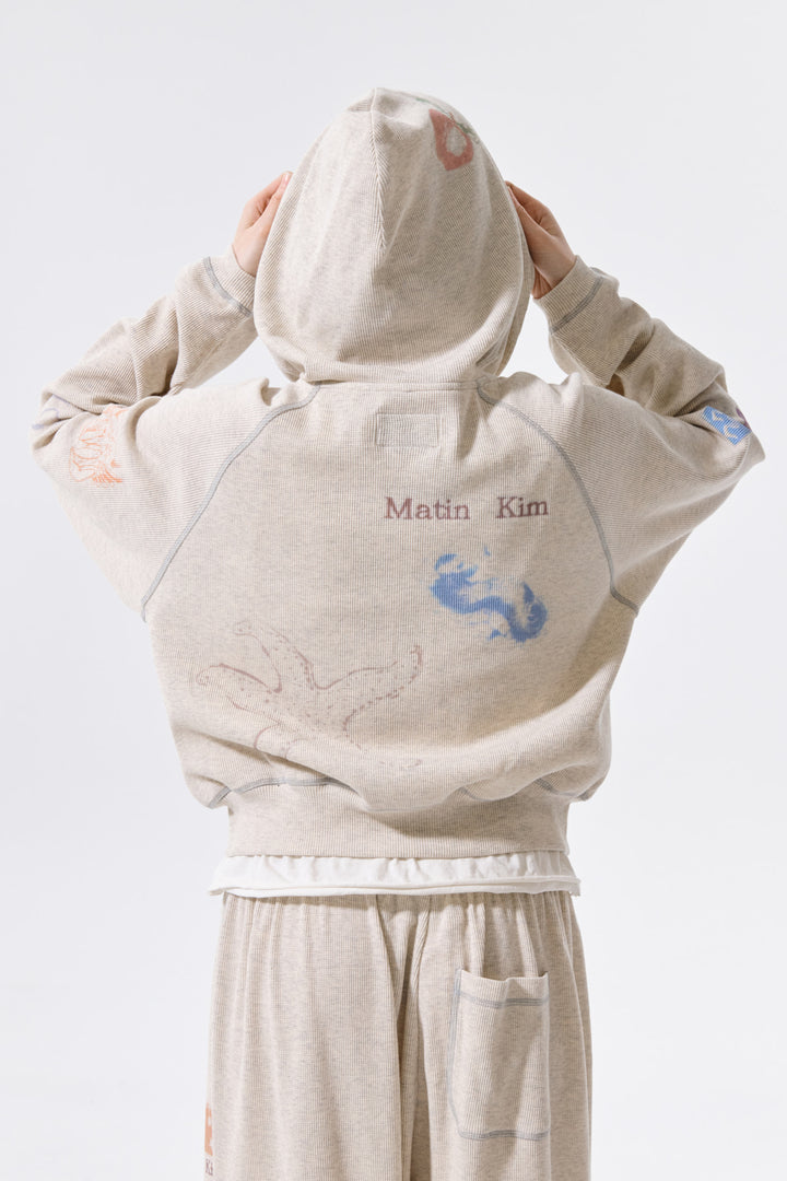 Matin Kim Sketch Graffiti Waffle Zip Hoodie — Beige