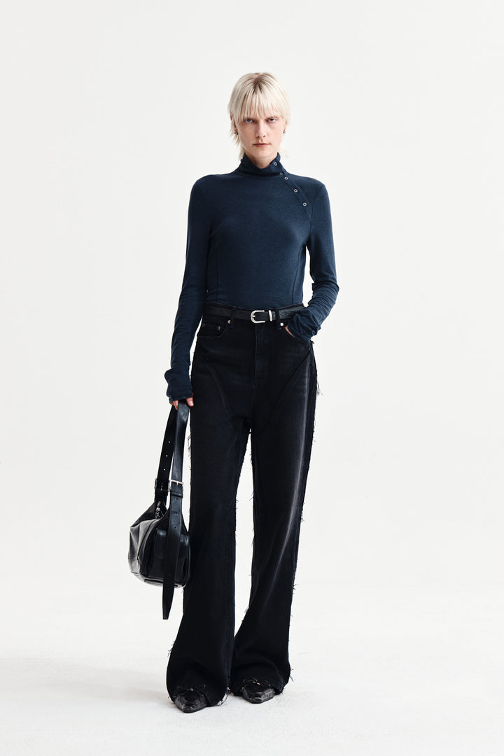 Matin Kim Button Slit Half Neck Top — Navy blue