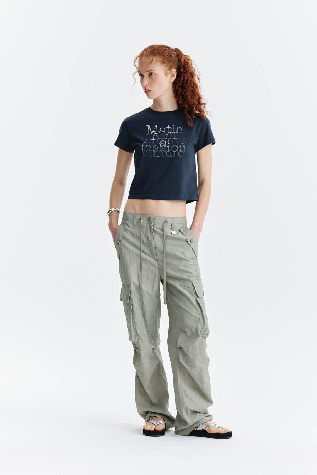 Matin Kim Dusty Typo Graphic Crop Top — Charcoal