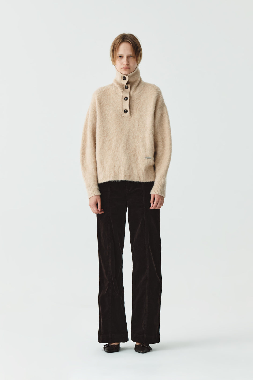 KIMMATIN Button High Neck Alpaca Blend Sweater — Beige