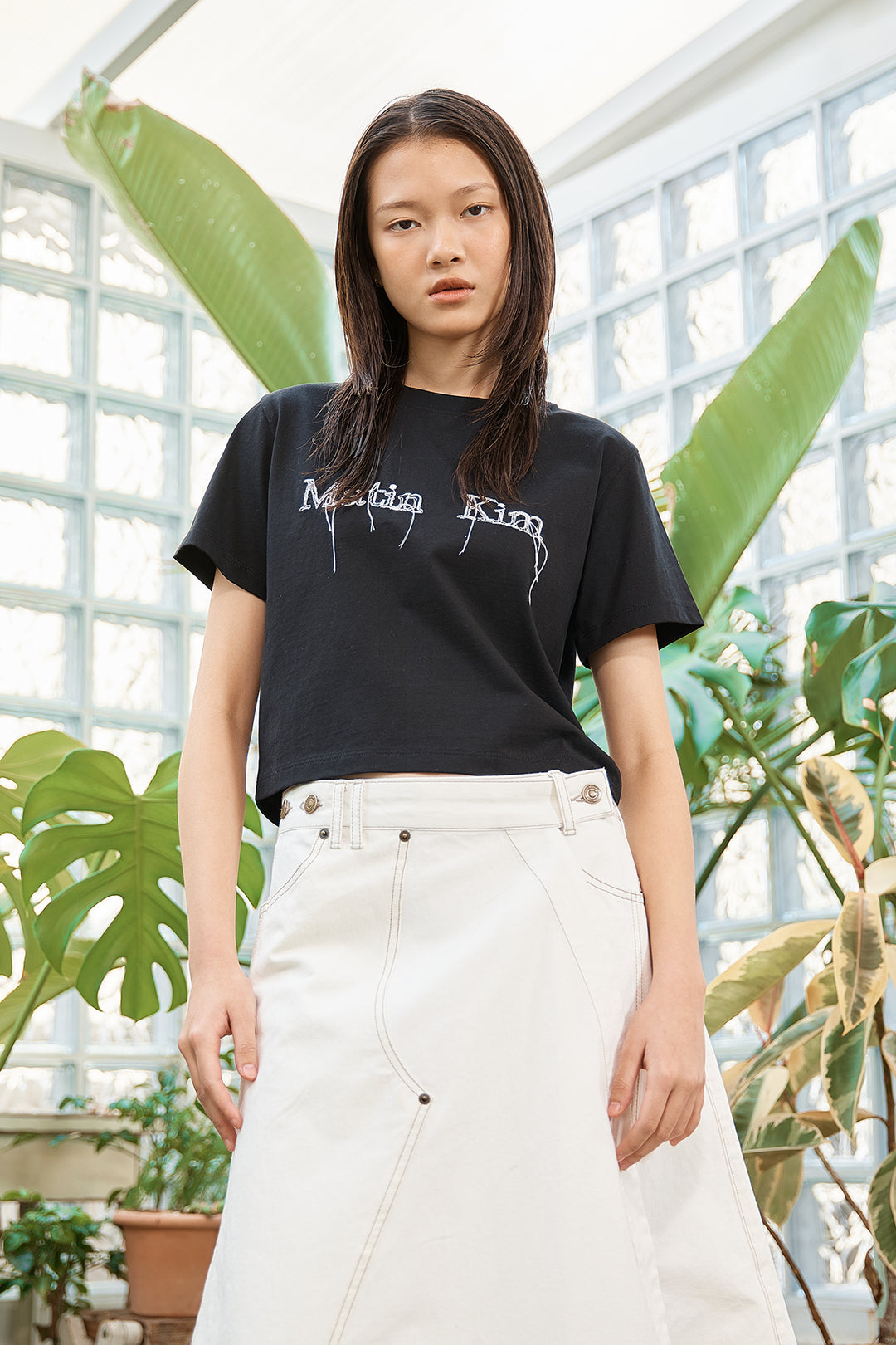 Matin Kim Logo Thread Point Crop Top — Black