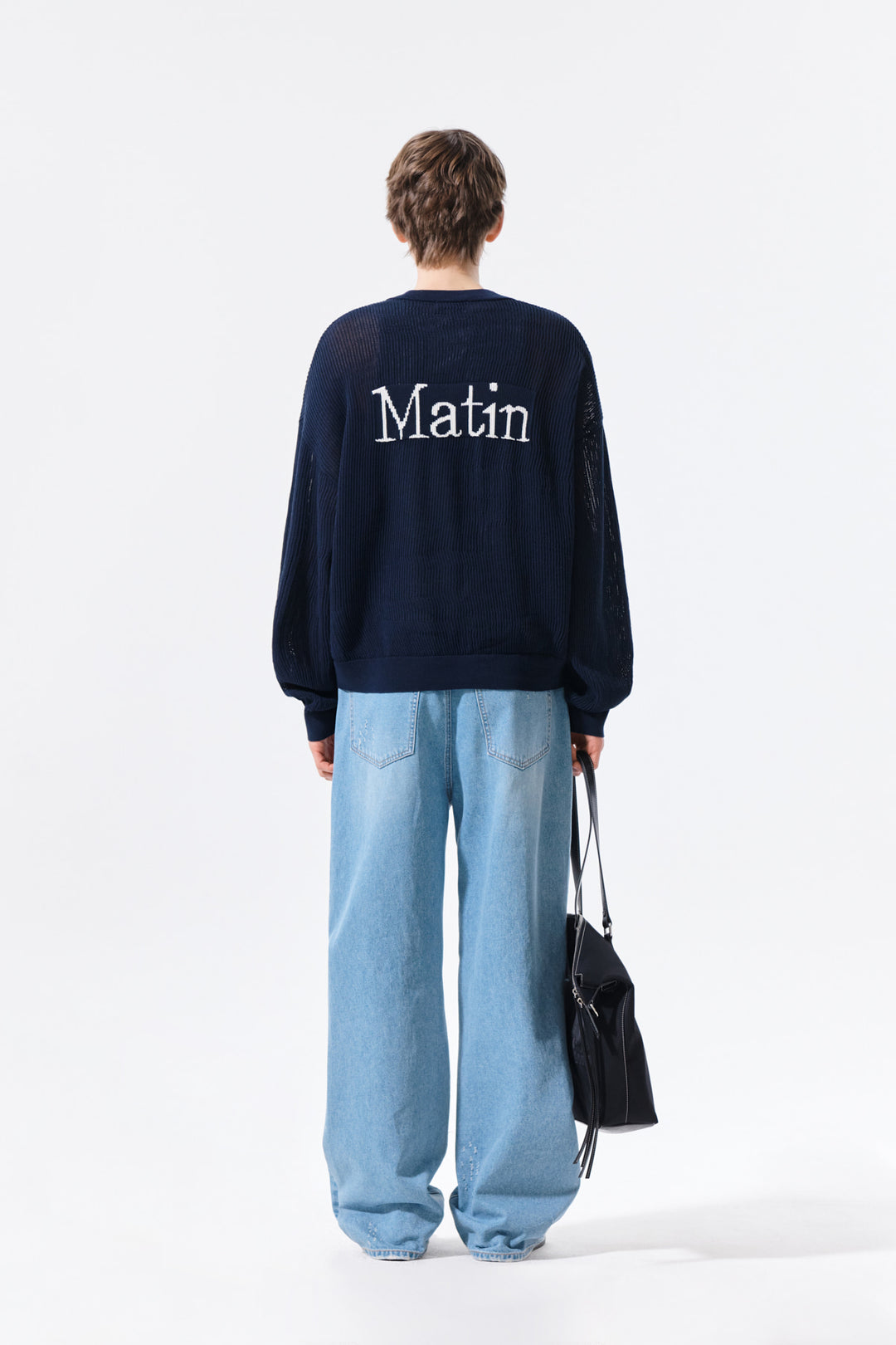 Matin Kim Back Logo Jacquard Mesh Knit Zip — Navy blue