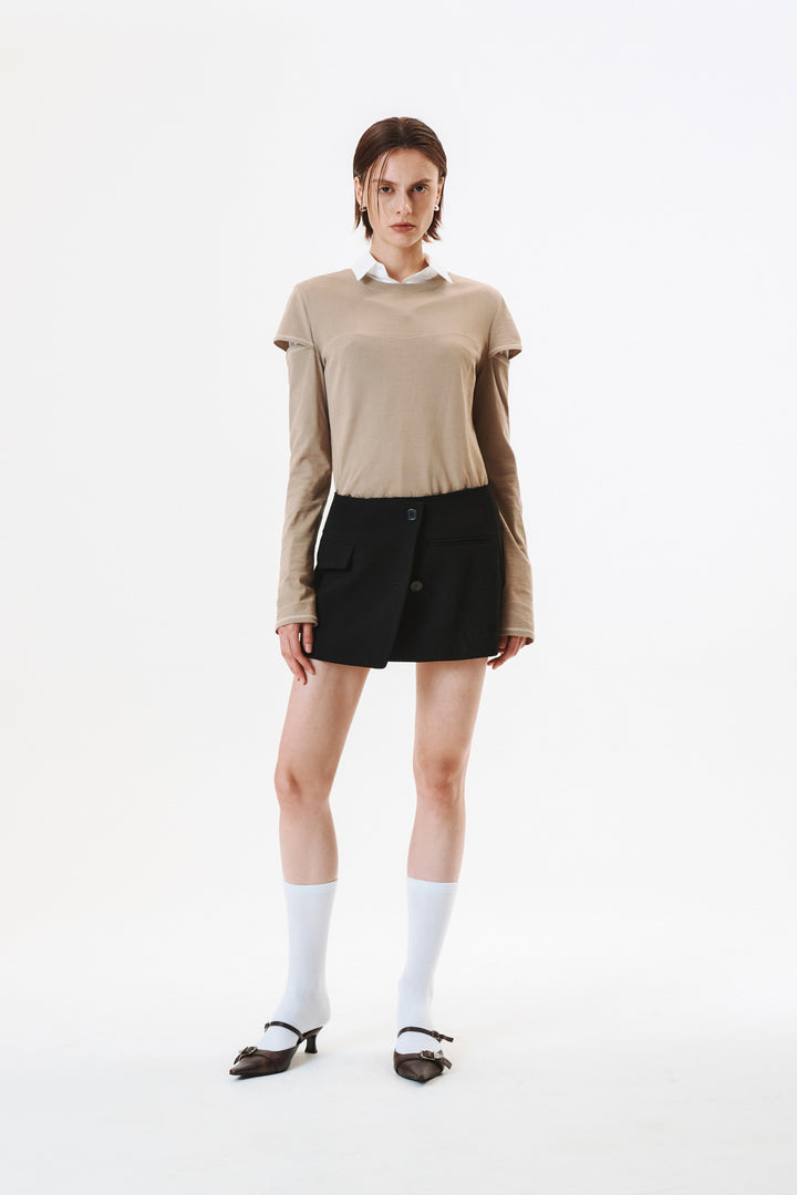 KIMMATIN Stitch Cut Out Long Sleeve Top — Beige