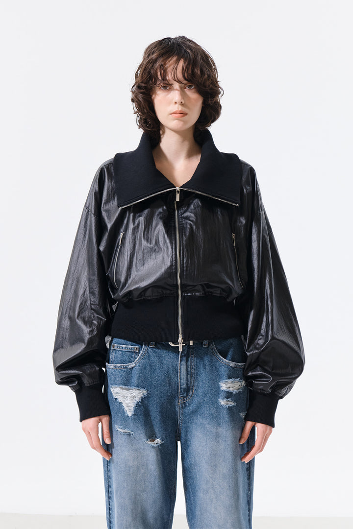Matin Kim Shine Crinkle Zip Blouson — Black
