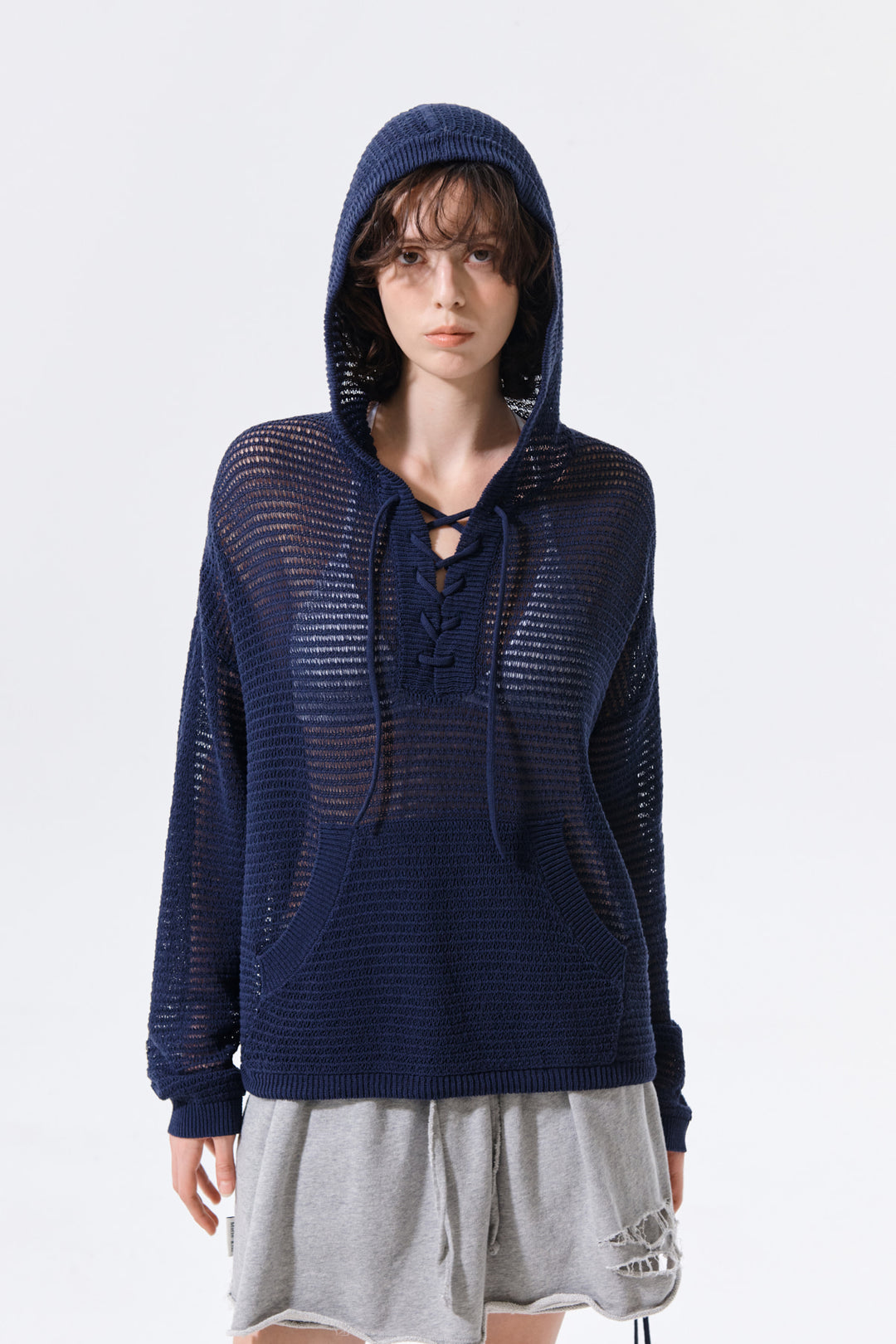 Matin Kim Oversized Mesh Knit Hoodie — Navy blue