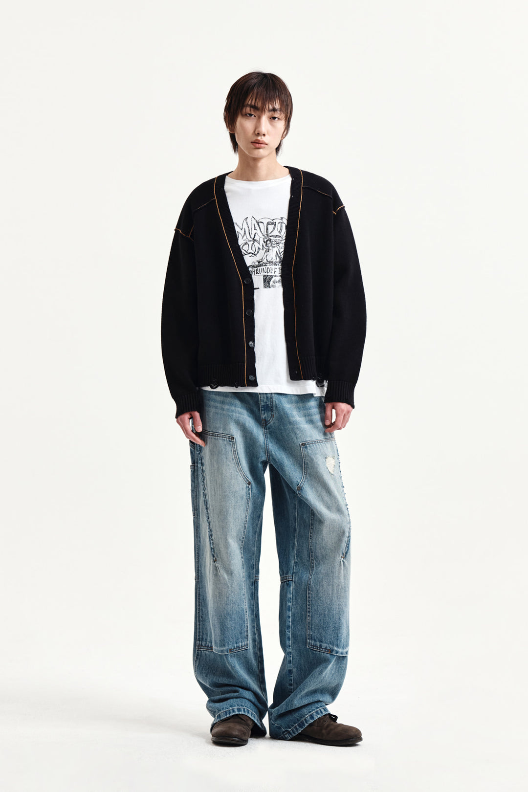 Matin Kim Back Logo Line Point Knit Cardigan — Black