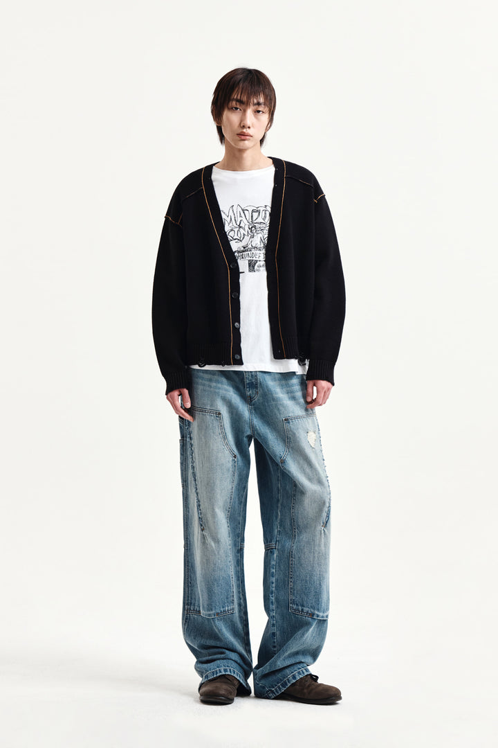 Matin Kim Back Logo Line Point Knit Cardigan — Black