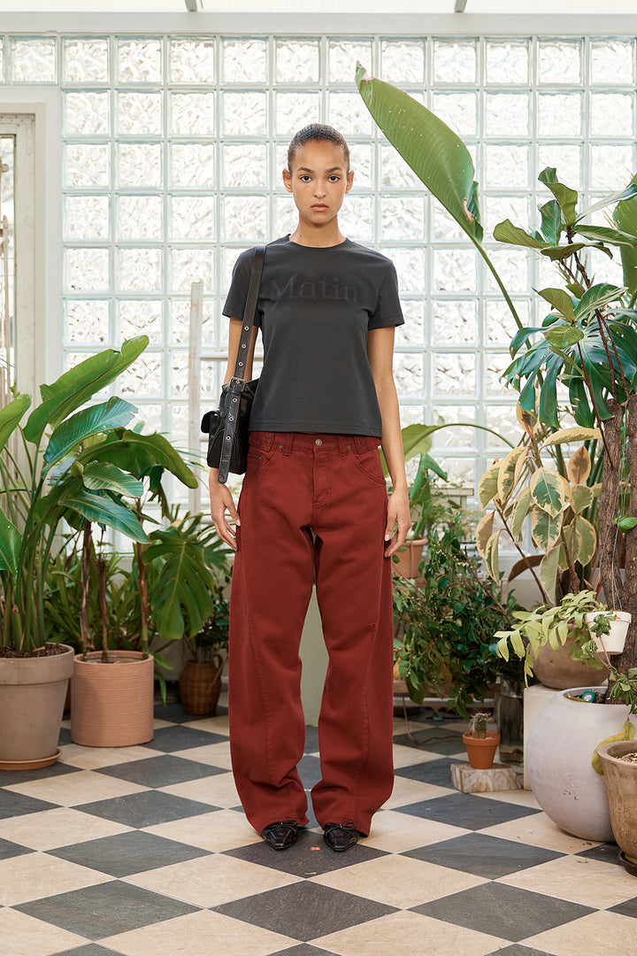 Matin Kim Waist Buckle Curved Dying Denim — Red