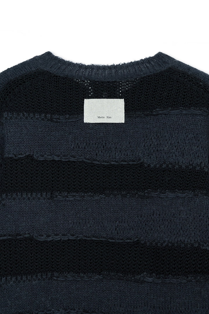Matin Kim Texture Block Stripe Knit Pullover — Navy blue