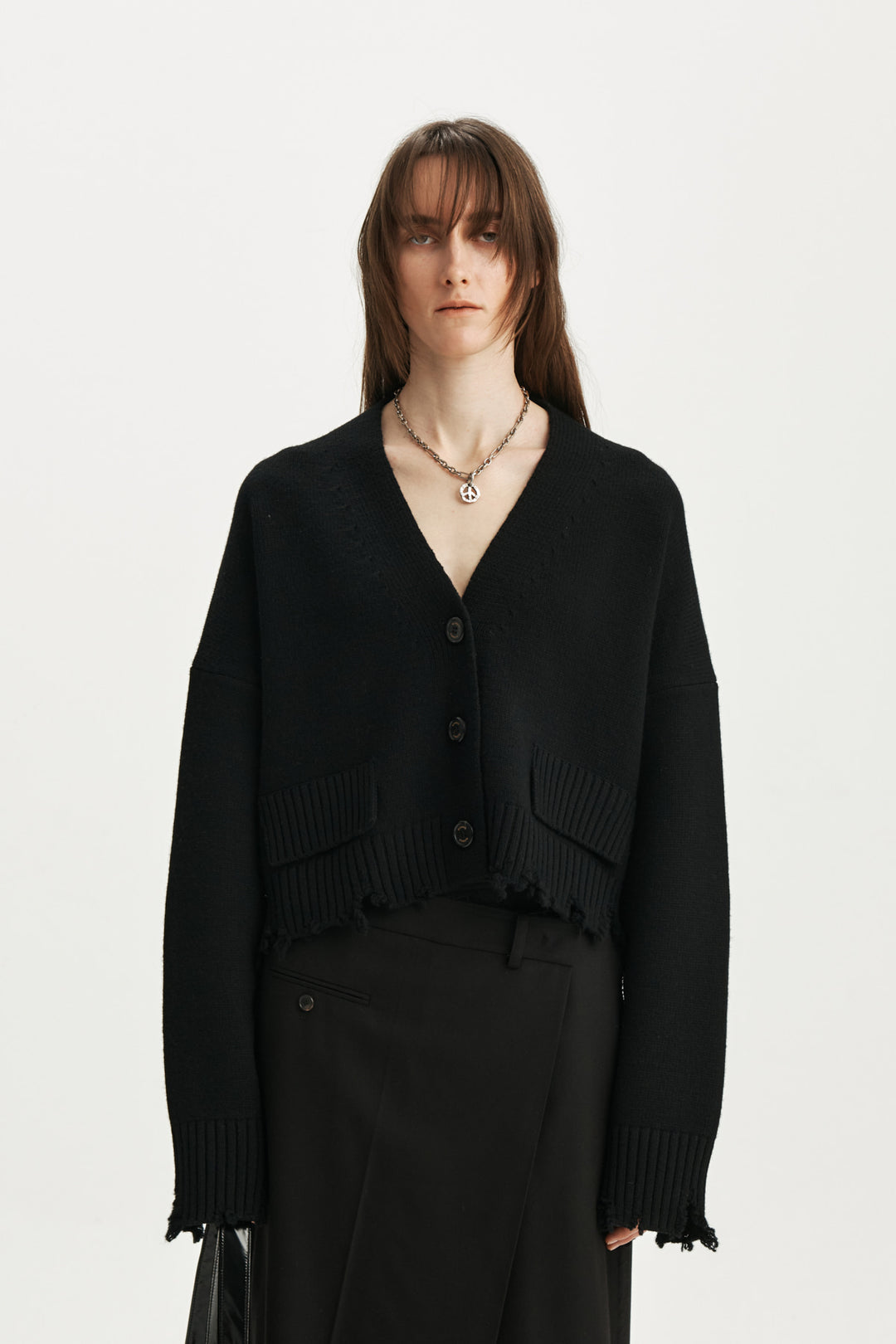 KIMMATIN Damage Crop Knit Cardigan — Black