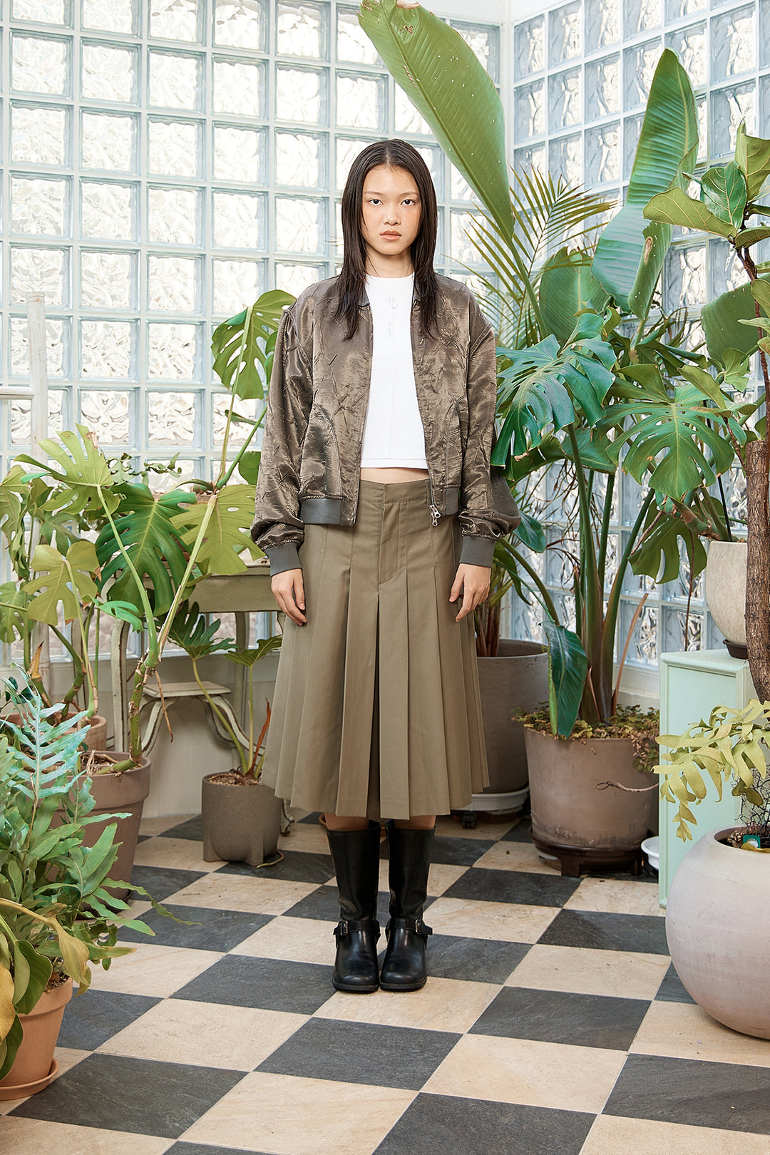 Matin Kim Back Logo Crinkle Blouson — Khaki