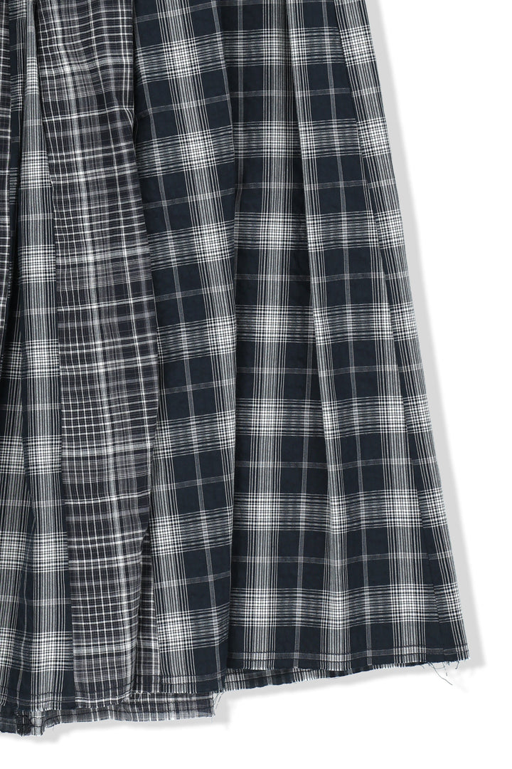 Matin Kim Mixed Check Sleeve Tie Flare Skirt — Navy blue