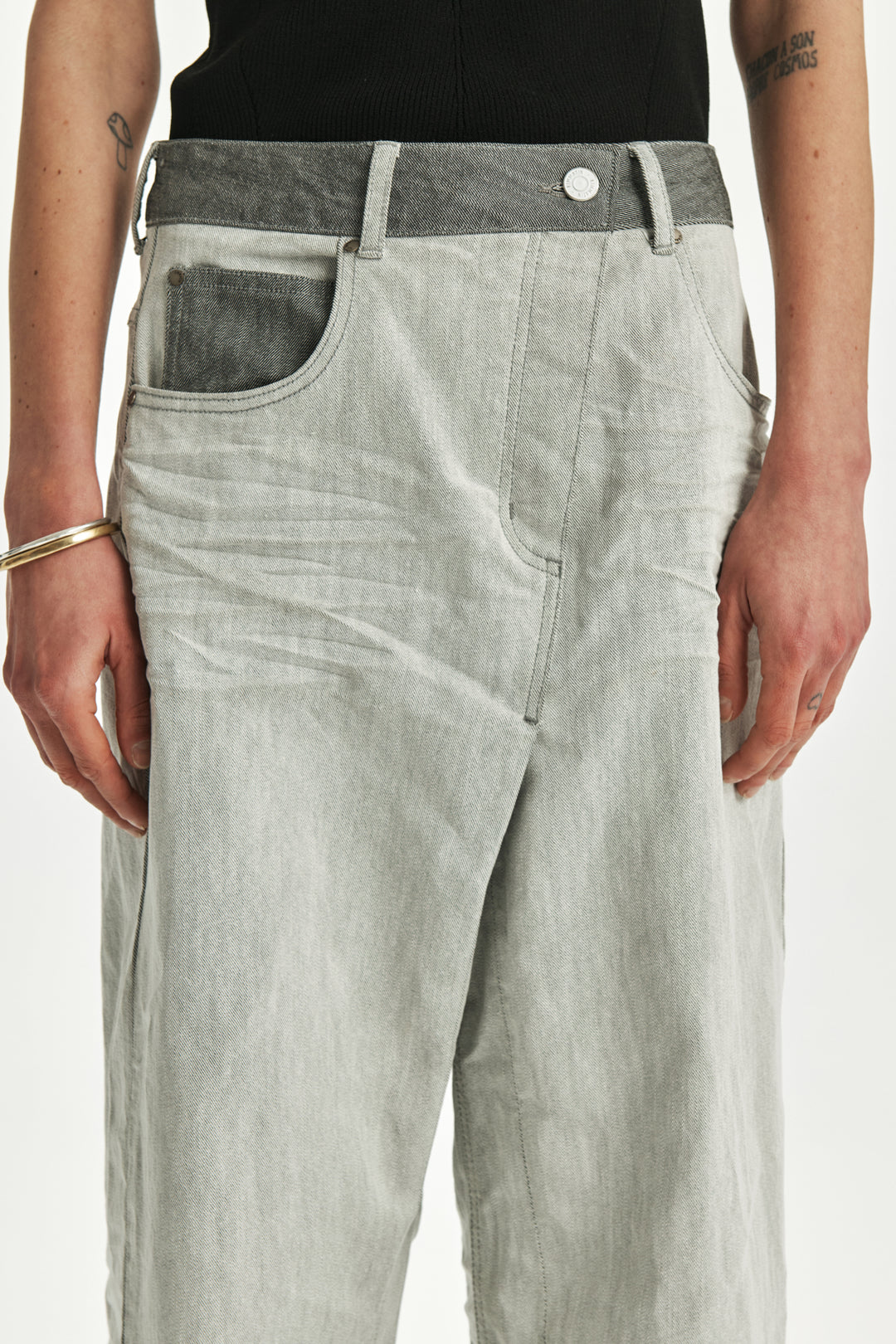 KIMMATIN Deconstruction Wide Denim Pants — Light Grey