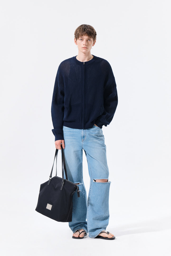 Matin Kim Back Logo Jacquard Mesh Knit Zip — Navy blue