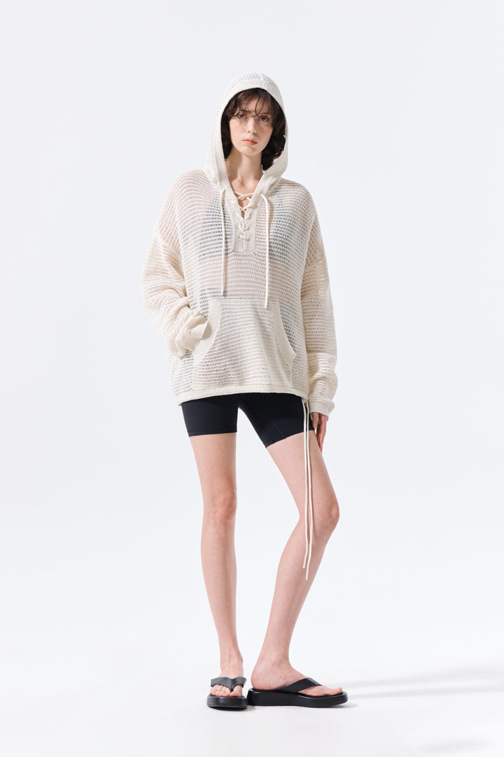Matin Kim Oversized Mesh Knit Hoodie — Cream