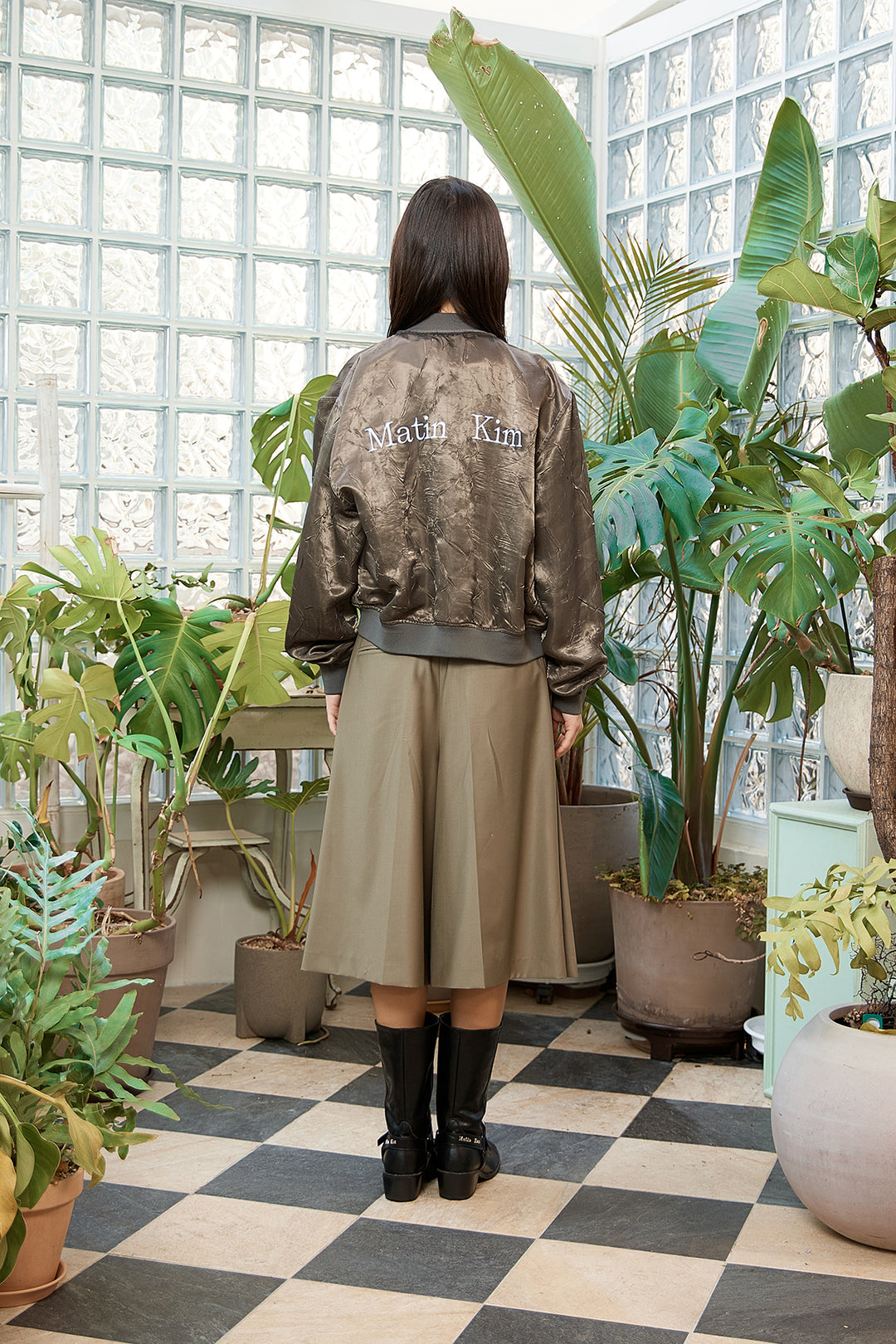 Matin Kim Back Logo Crinkle Blouson — Khaki