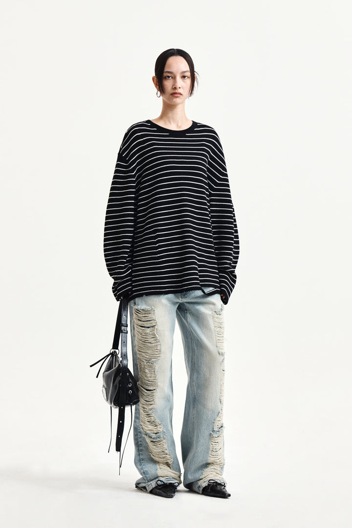 Matin Kim Stripe Damaged Loose Pullover — Black