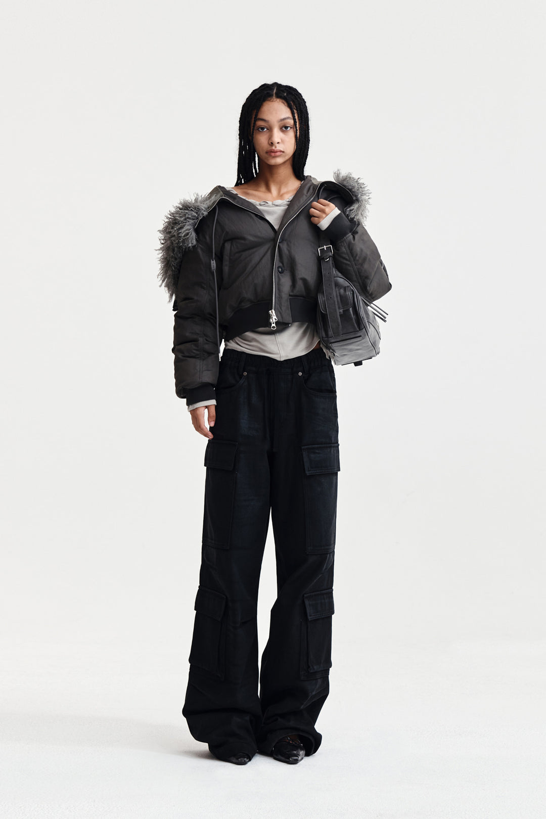 Matin Kim Fur Hoody Bomber Down Jumper — Gray