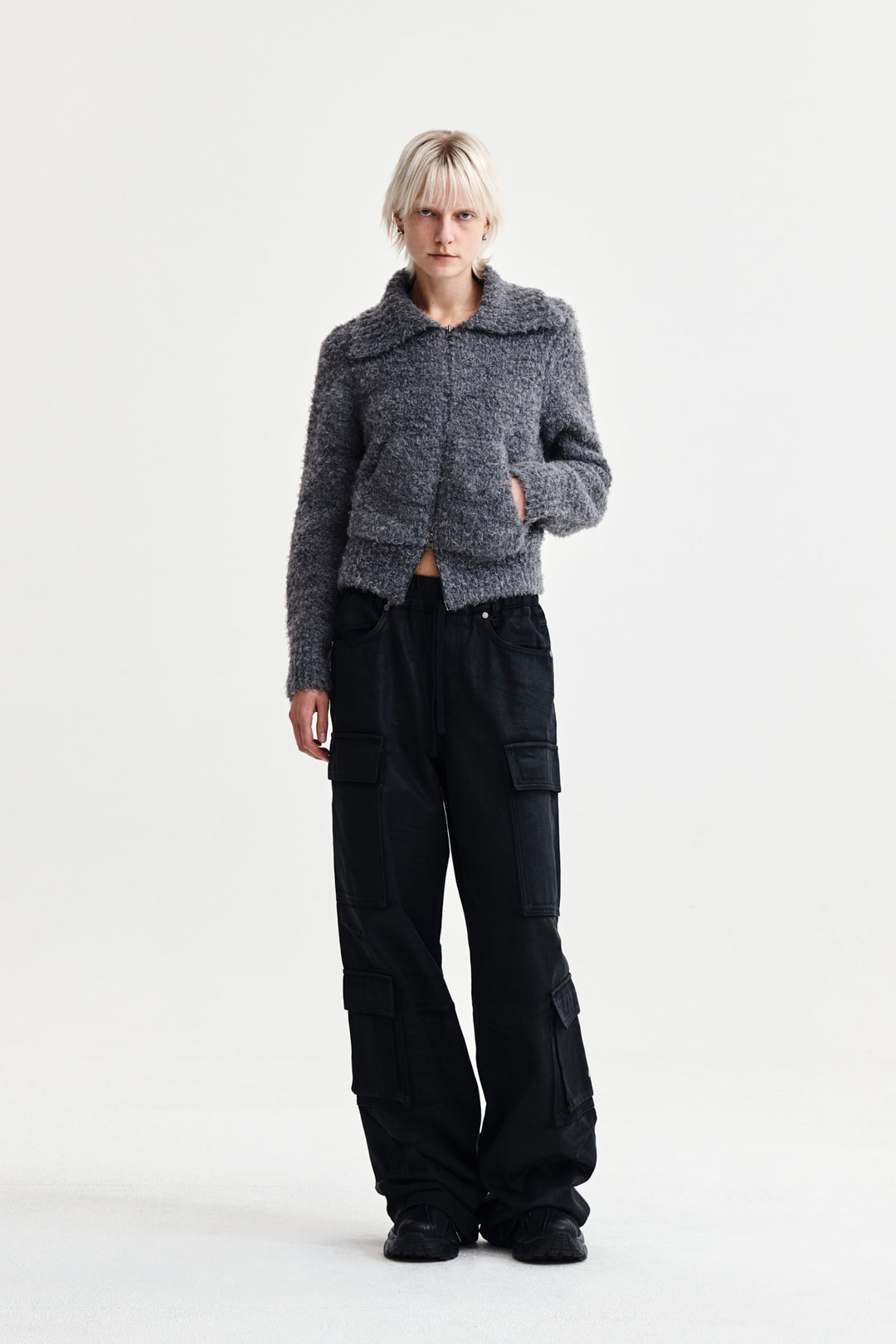 Matin Kim Boucle Knit Zip-Up Cardigan — Charcoal
