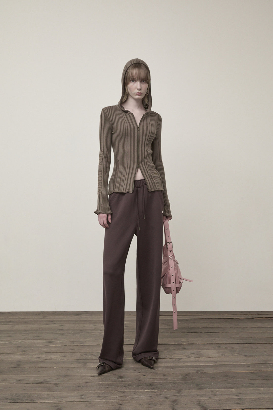 Matin Kim Logo Point Damage Slim Hoody Cardigan — Brown