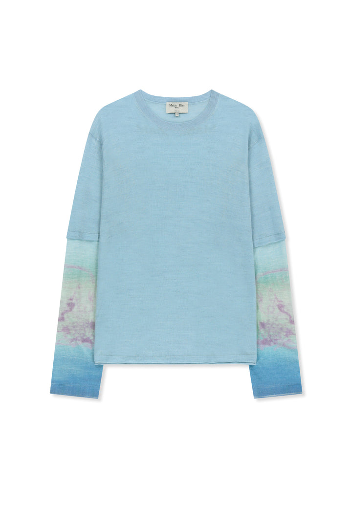 Matin Kim Sleeve Print Knit Pullover — Light Blue