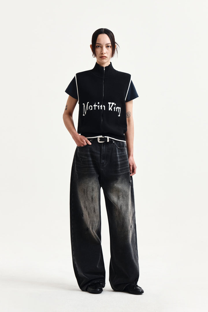 Matin Kim Spell Point Knit Zip Up Vest — Black