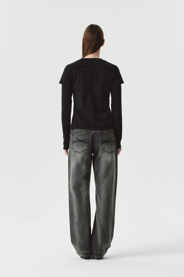 KIMMATIN Double Hem Washed Denim Pants — Gray