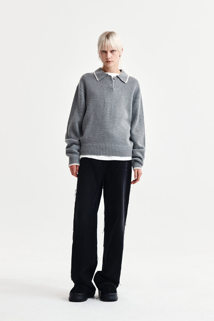 Matin Kim Back Logo Collar Knit Top — Gray