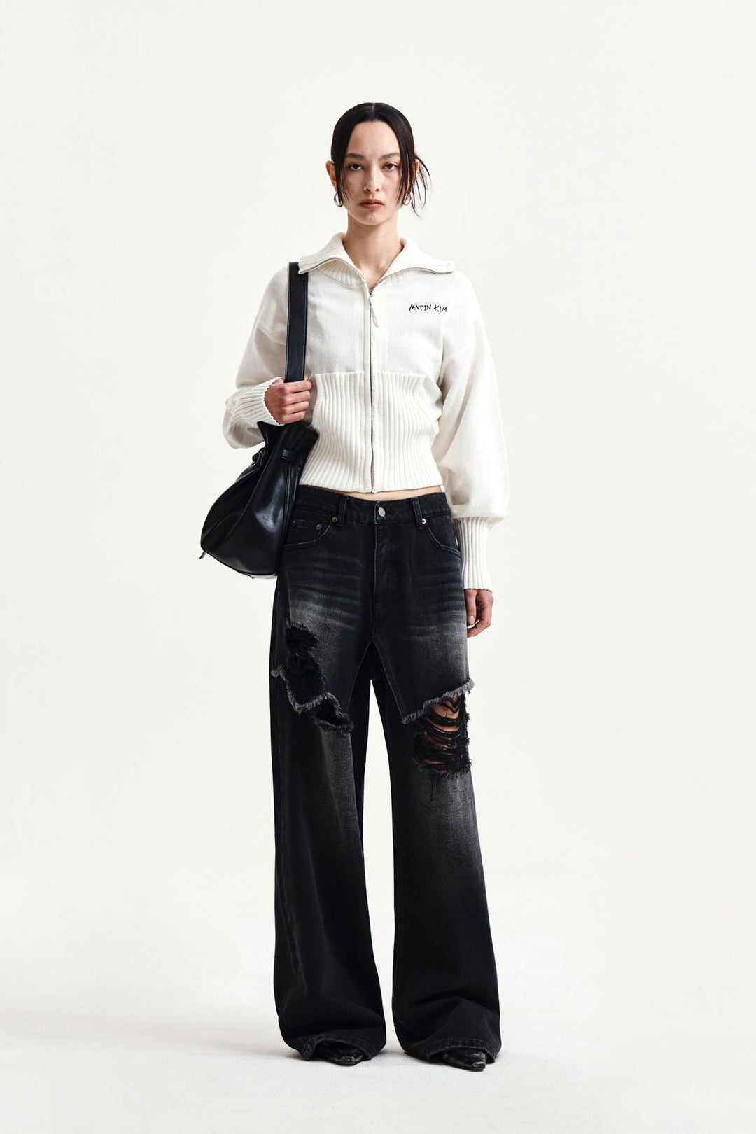 Matin Kim High Neck Embroidered Logo Zip Up — Ivory