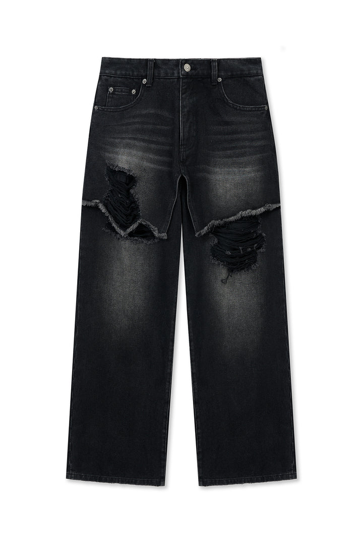 Matin Kim Front Layered Distressed Denim — Black