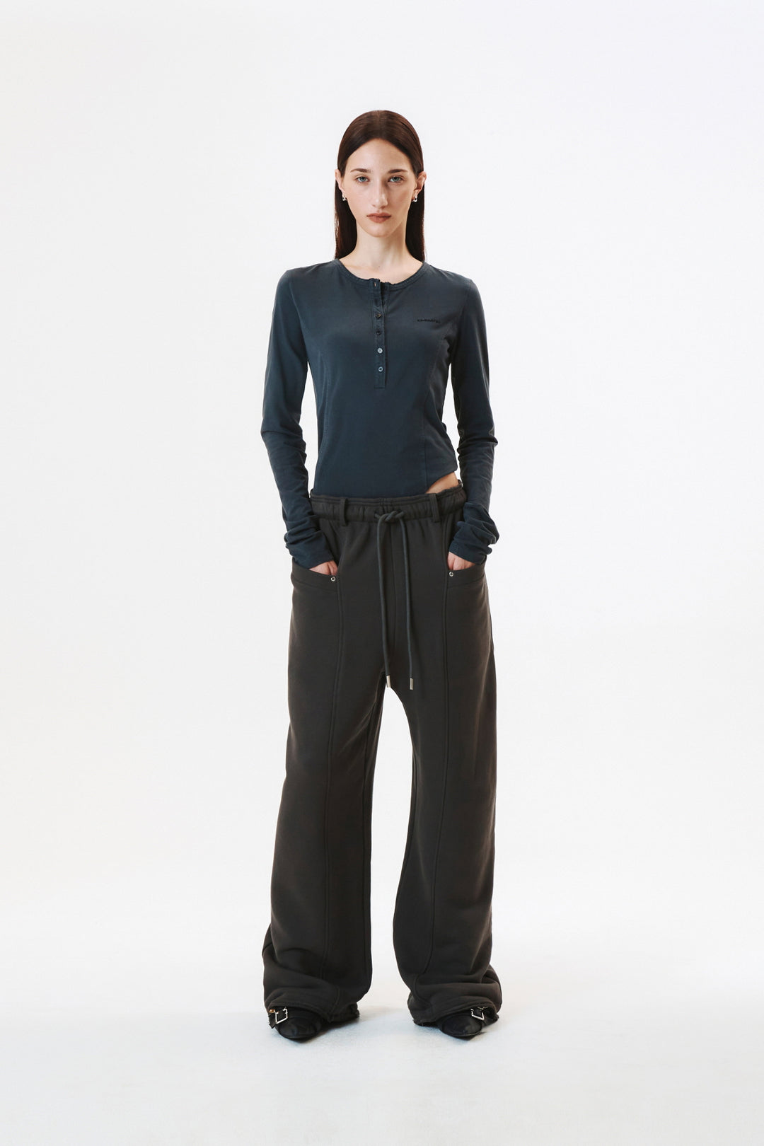 KIMMATIN Raw Cut Bodysuit Top — Charcoal
