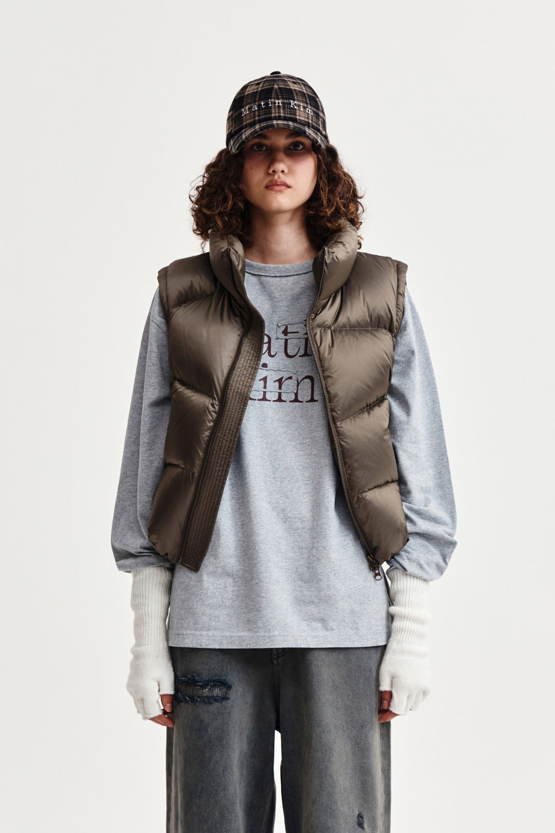 Matin Kim Unbalance Quilted Down Vest — Brown