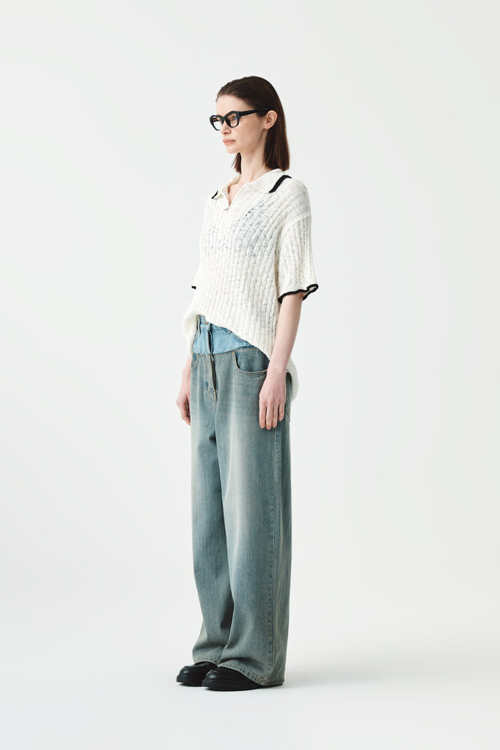 KIMMATIN Half Zip Slub Pique Knit Top — Ivory