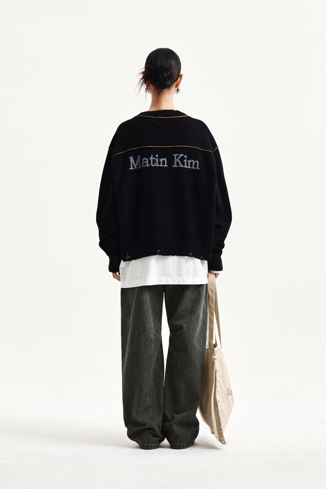Matin Kim Back Logo Line Point Knit Cardigan — Black