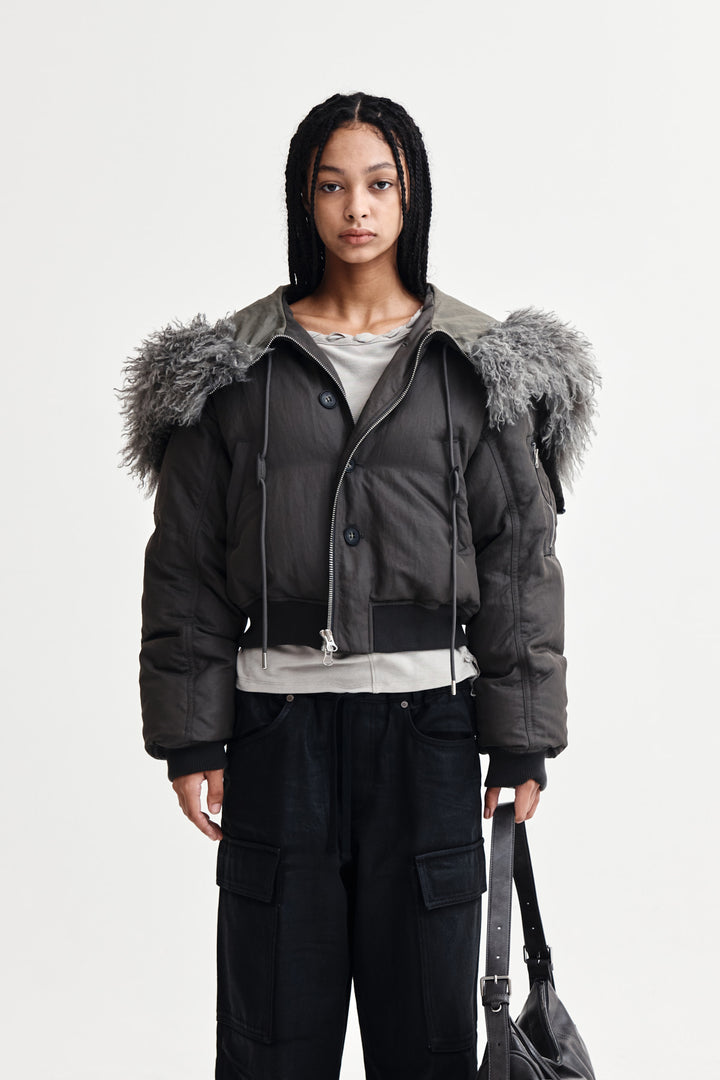 Matin Kim Fur Hoody Bomber Down Jumper — Gray