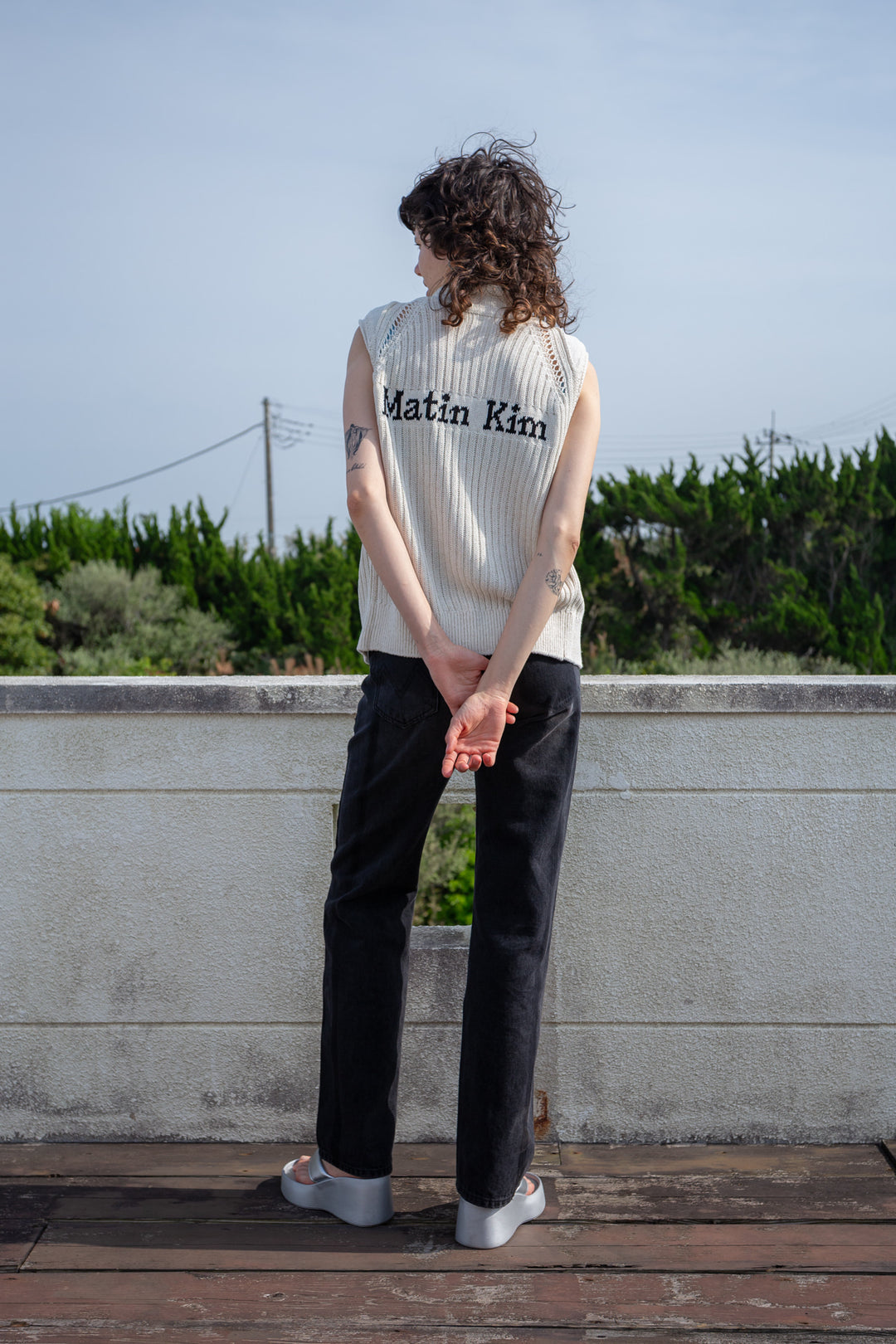 Matin Kim Back Logo High Neck Knit Vest — Beige