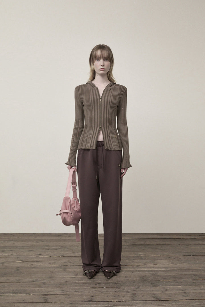 Matin Kim Logo Point Damage Slim Hoody Cardigan — Brown