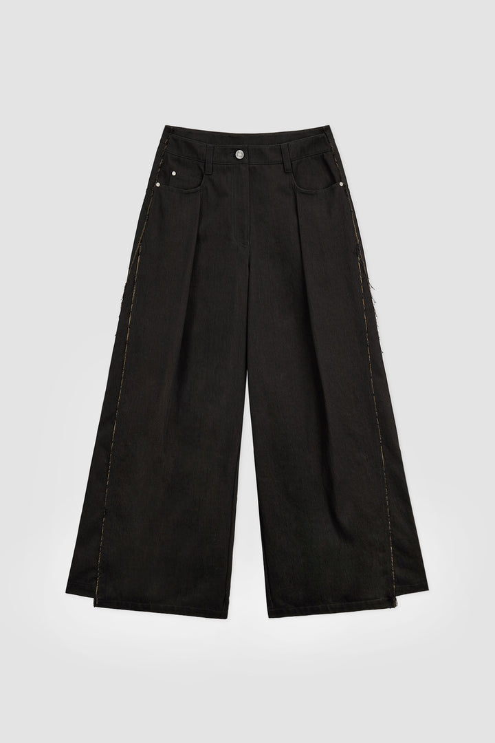 KIMMATIN Cutting Detail Wide Cotton Pants — Black