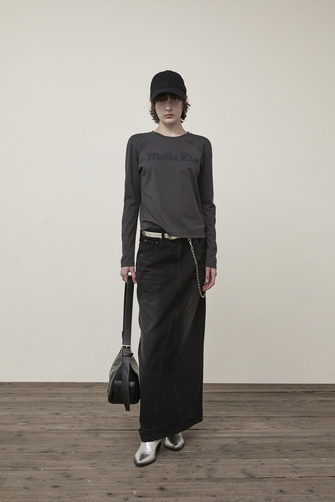 Matin Kim Damage Point Long Denim Skirt — Black