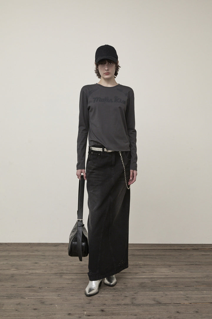 Matin Kim Damage Point Long Denim Skirt — Black