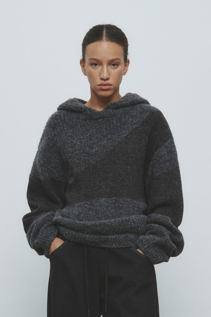 KIMMATIN Color Mix Unbalance Knit Hoody — Charcoal