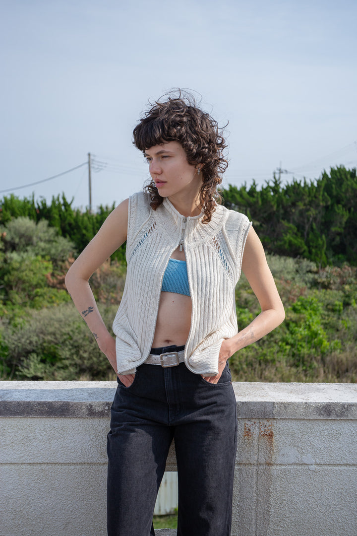 Matin Kim Back Logo High Neck Knit Vest — Beige