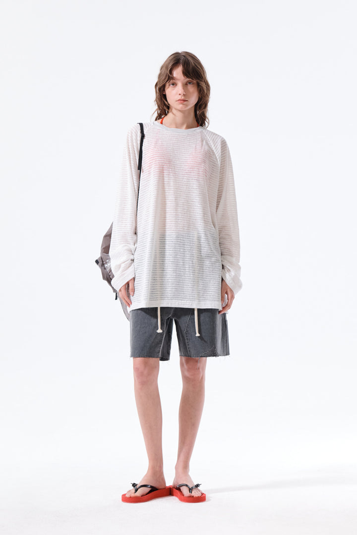Matin Kim Twist Boat Neck Stripe Logo Top — White