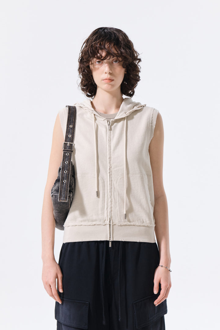 Matin Kim Back Logo Jersey Hood Vest — Beige