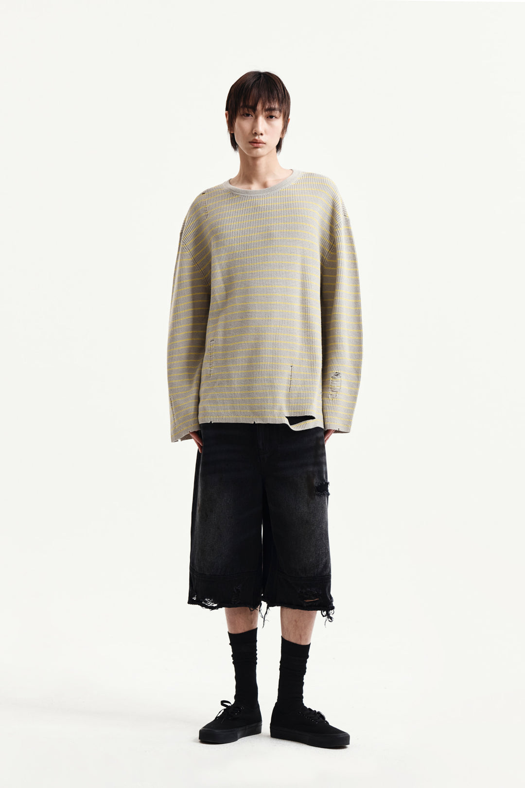 Matin Kim Stripe Damaged Loose Pullover — Beige