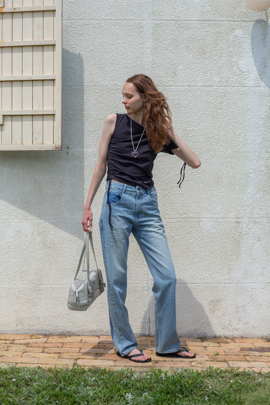 Matin Kim String Off-Shoulder Slim Top — Charcoal