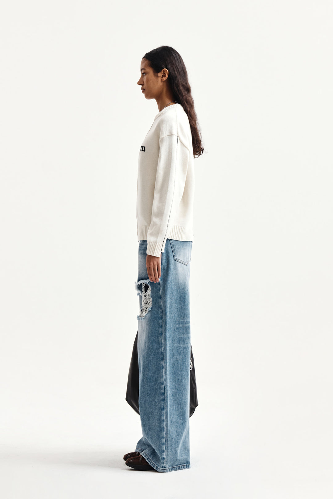 Matin Kim Asymmetric Logo Knit Pullover — Ivory