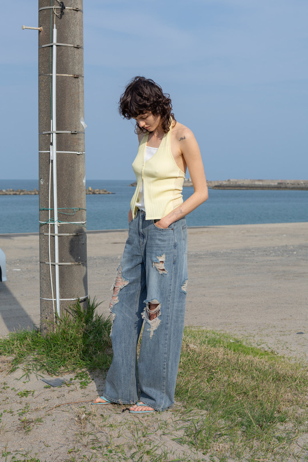 Matin Kim Layered Button Halter Neck Top — Yellow