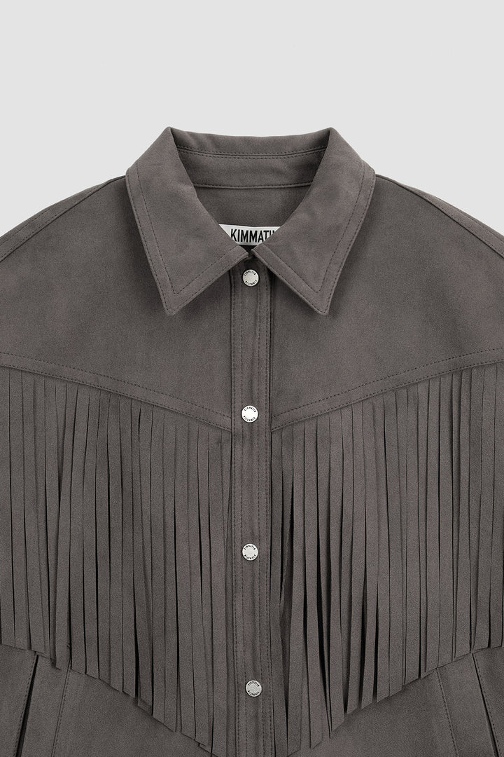 KIMMATIN Suede Fringe Jacket in Dark — Gray